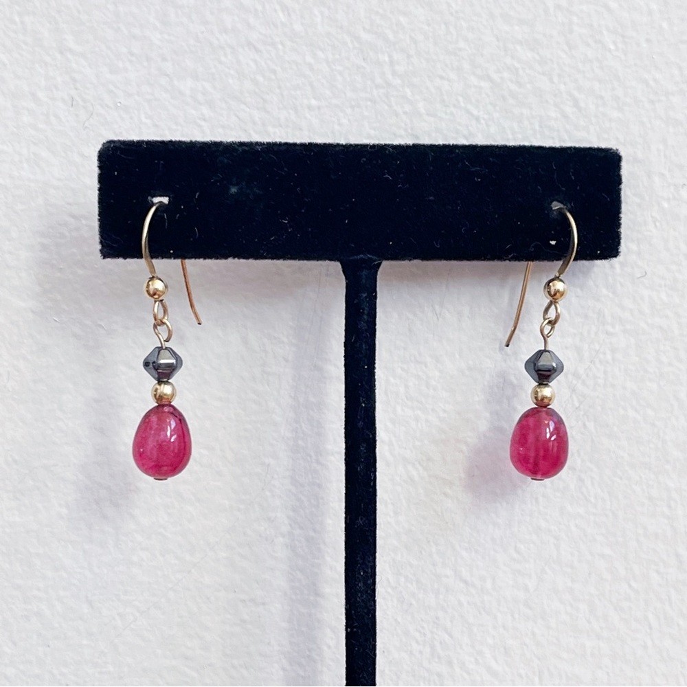 Artisan Handmade Simulated Pink Agate Teardrop Gold Plated Earrings NWOT